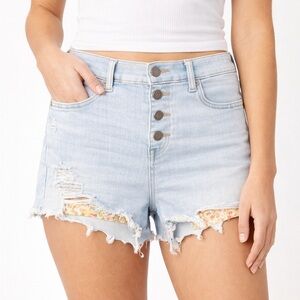 American Eagle High Rise Button Fly Light wash Denim shorts-Distressed floral